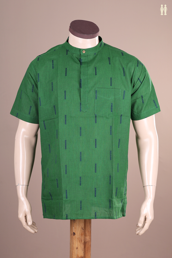 Chinese Collar Stripes Design Green Cotton Short Kurta