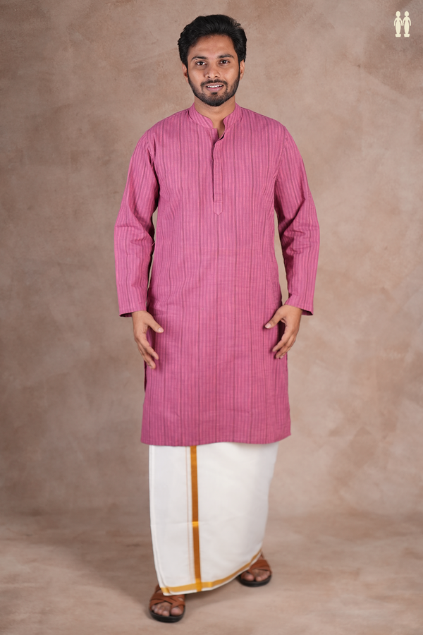 Chinese Collar Stripes Design Mauve Cotton Long Kurta