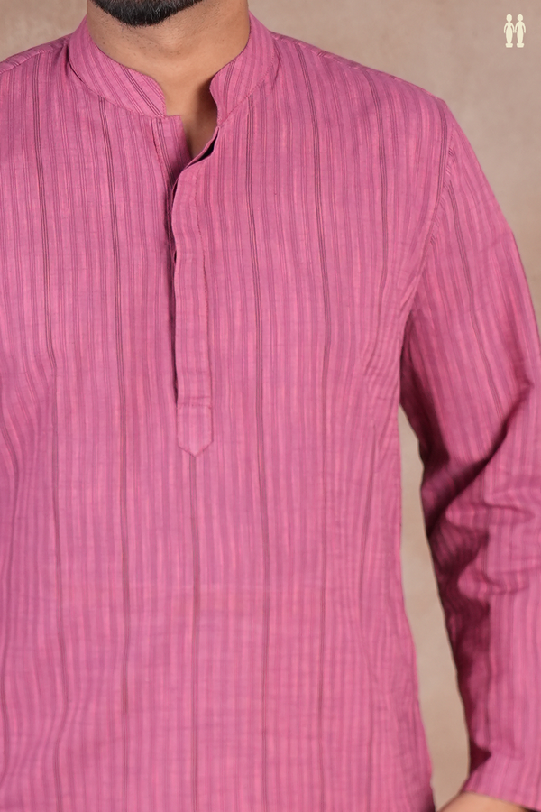 Chinese Collar Stripes Design Mauve Cotton Long Kurta
