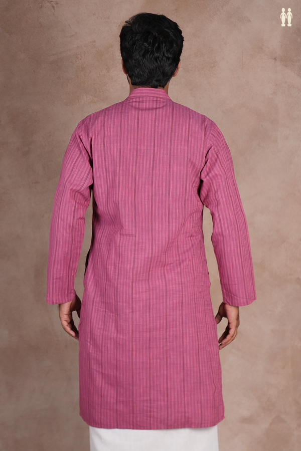Chinese Collar Stripes Design Mauve Cotton Long Kurta