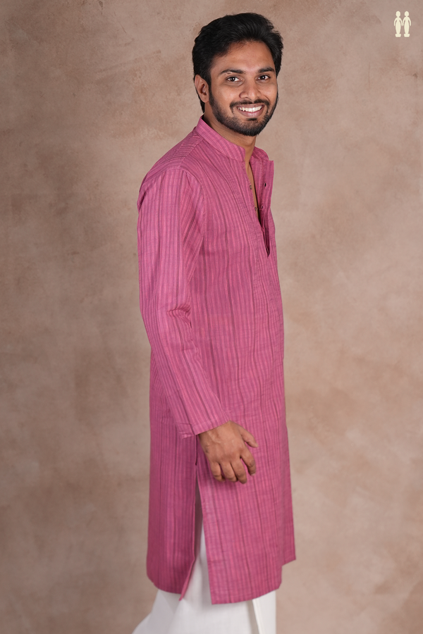 Chinese Collar Stripes Design Mauve Cotton Long Kurta