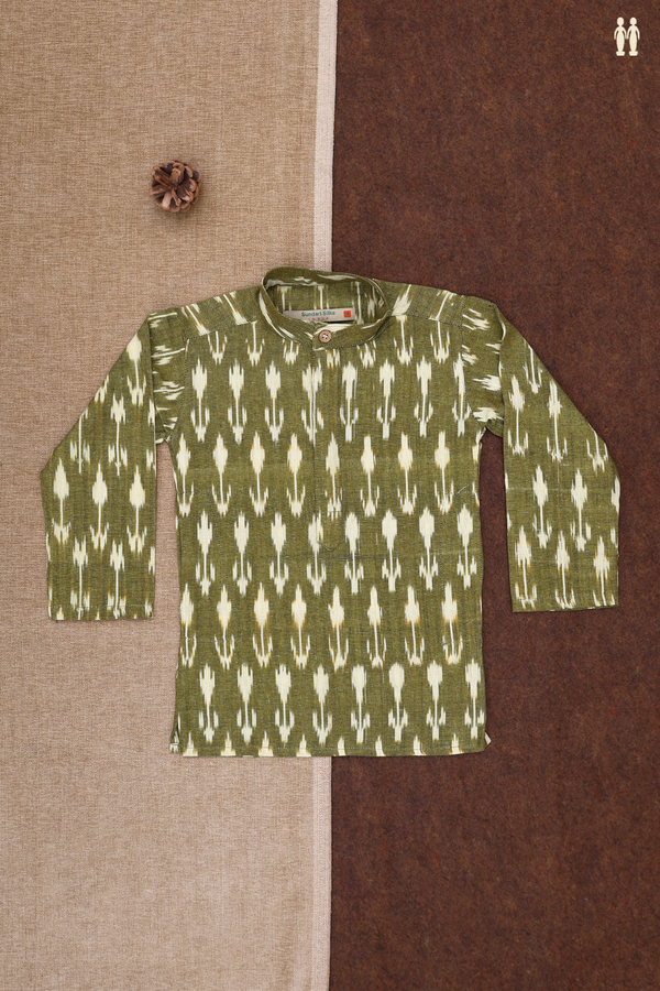 Chinese Collar Stripes Design Moss Green Ikat Cotton Kurta