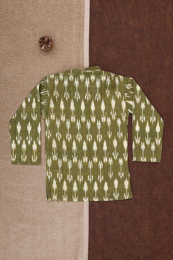 Chinese Collar Stripes Design Moss Green Ikat Cotton Kurta