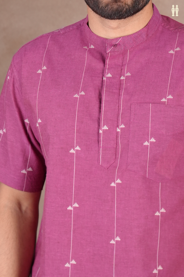 Chinese Collar Stripes Design Mulberry Cotton Short Kurta