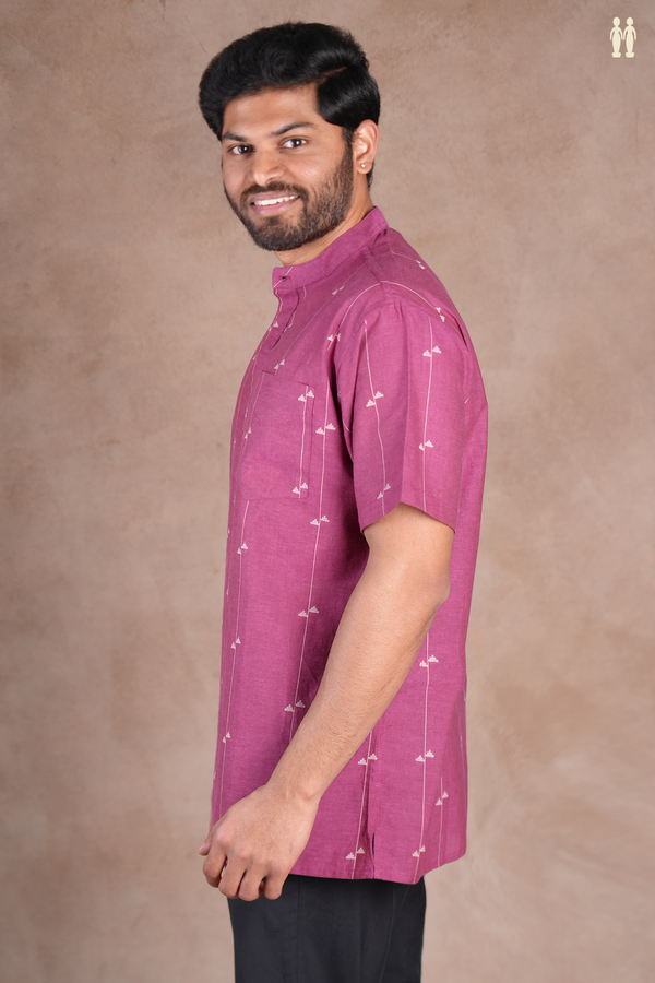 Chinese Collar Stripes Design Mulberry Cotton Short Kurta