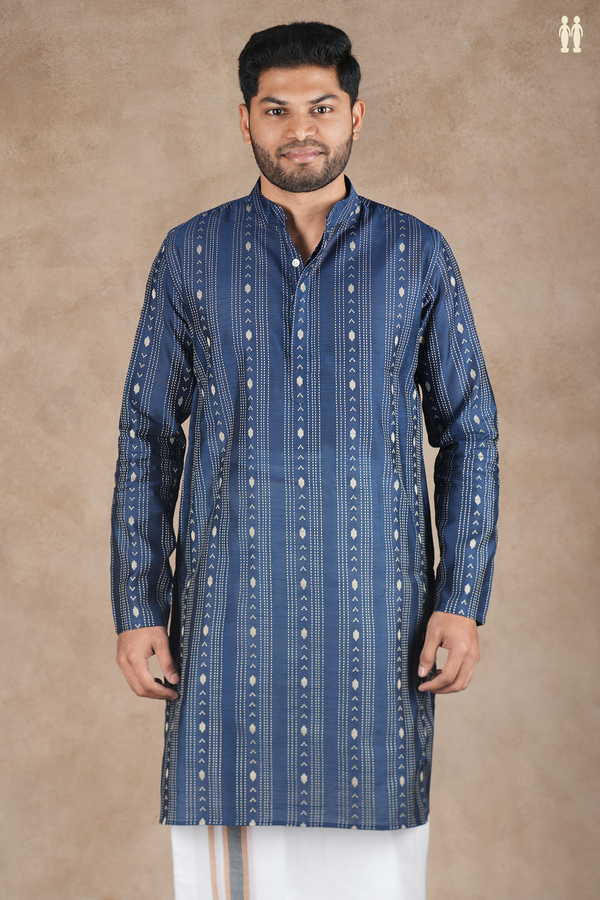 Chinese Collar Stripes Design Oxford Blue Raw Silk Long Kurta