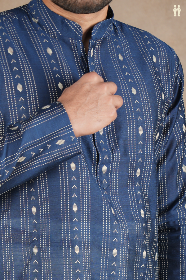 Chinese Collar Stripes Design Oxford Blue Raw Silk Long Kurta