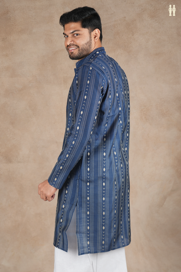 Chinese Collar Stripes Design Oxford Blue Raw Silk Long Kurta
