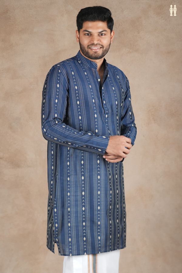 Chinese Collar Stripes Design Oxford Blue Raw Silk Long Kurta
