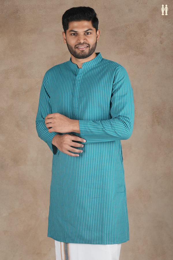 Chinese Collar Stripes Design Peacock Blue Cotton Long Kurta