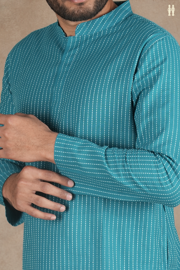 Chinese Collar Stripes Design Peacock Blue Cotton Long Kurta