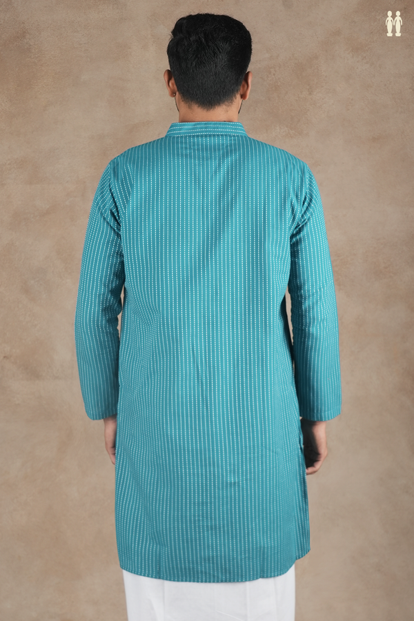 Chinese Collar Stripes Design Peacock Blue Cotton Long Kurta