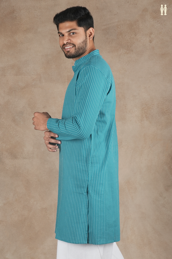 Chinese Collar Stripes Design Peacock Blue Cotton Long Kurta