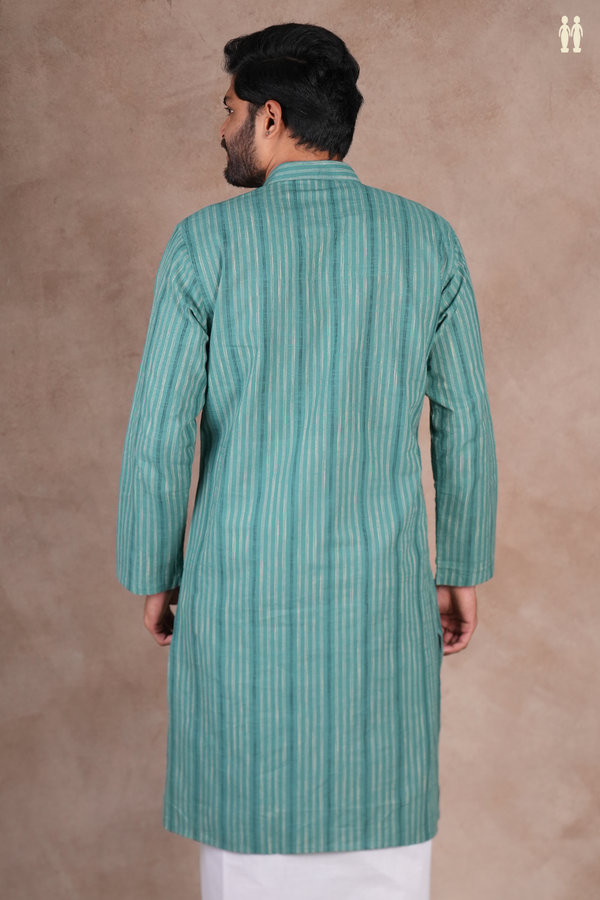 Chinese Collar Stripes Design Pine Green Cotton Long Kurta