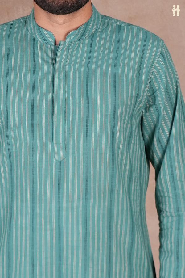 Chinese Collar Stripes Design Pine Green Cotton Long Kurta