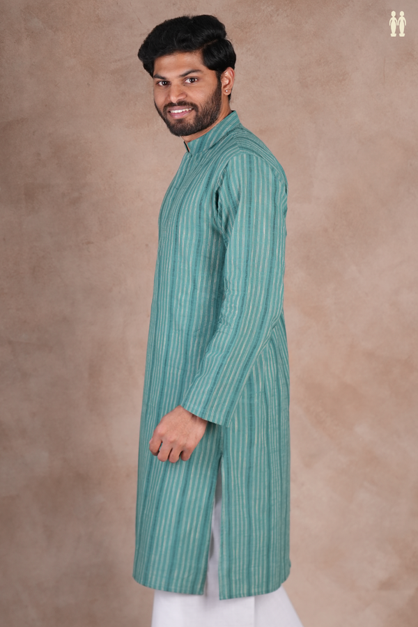 Chinese Collar Stripes Design Pine Green Cotton Long Kurta