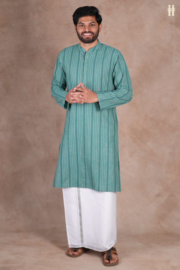 Chinese Collar Stripes Design Pine Green Cotton Long Kurta