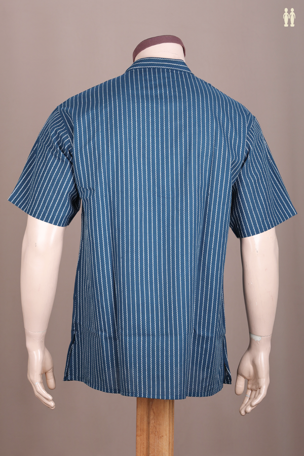 Chinese Collar Stripes Design Prussian Blue Cotton Short Kurta