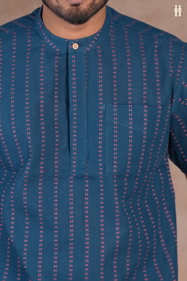 Chinese Collar Stripes Design Prussian Blue Cotton Short Kurta
