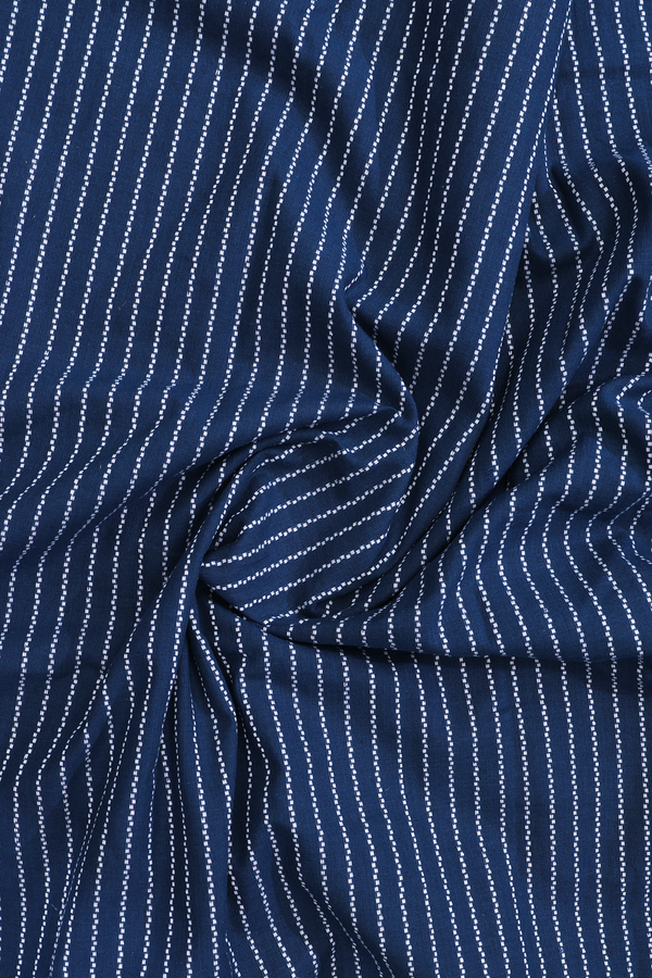 Chinese Collar Stripes Design Prussian Blue Cotton Short Kurta
