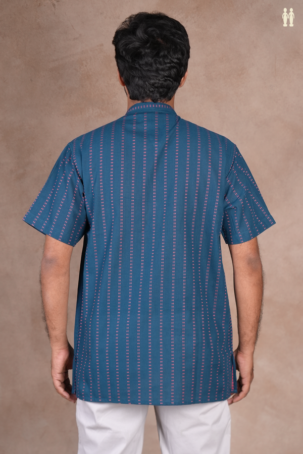 Chinese Collar Stripes Design Prussian Blue Cotton Short Kurta