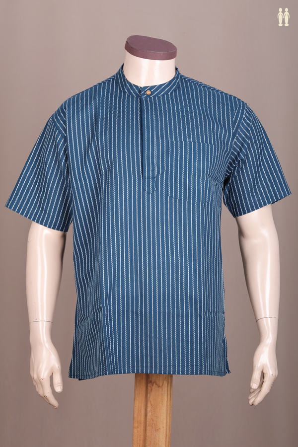Chinese Collar Stripes Design Prussian Blue Cotton Short Kurta