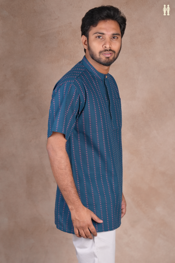 Chinese Collar Stripes Design Prussian Blue Cotton Short Kurta