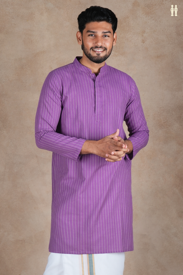 Chinese Collar Stripes Design Purple Cotton Long Kurta