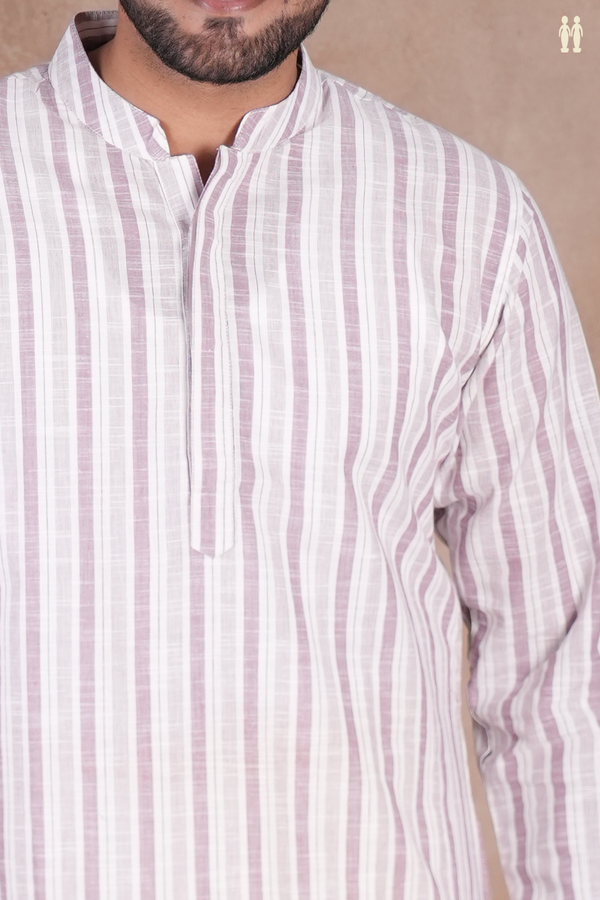 Chinese Collar Stripes Design White And Purple Long Kurta