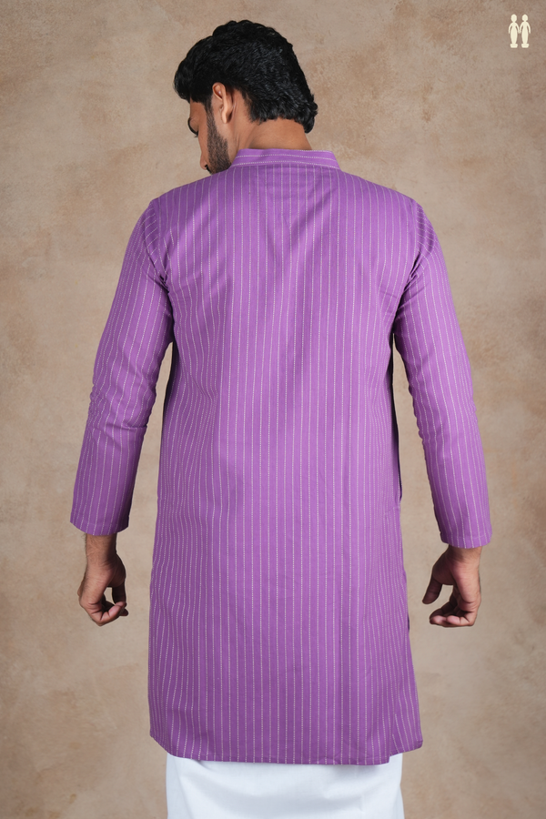 Chinese Collar Stripes Design Purple Cotton Long Kurta
