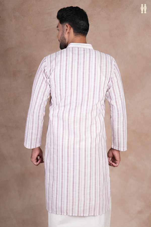 Chinese Collar Stripes Design White And Purple Long Kurta