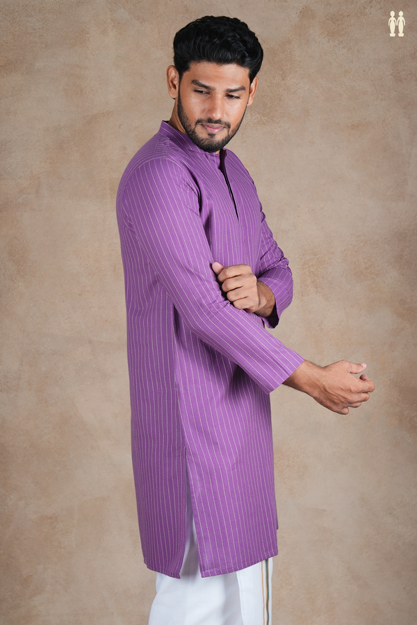 Chinese Collar Stripes Design Purple Cotton Long Kurta