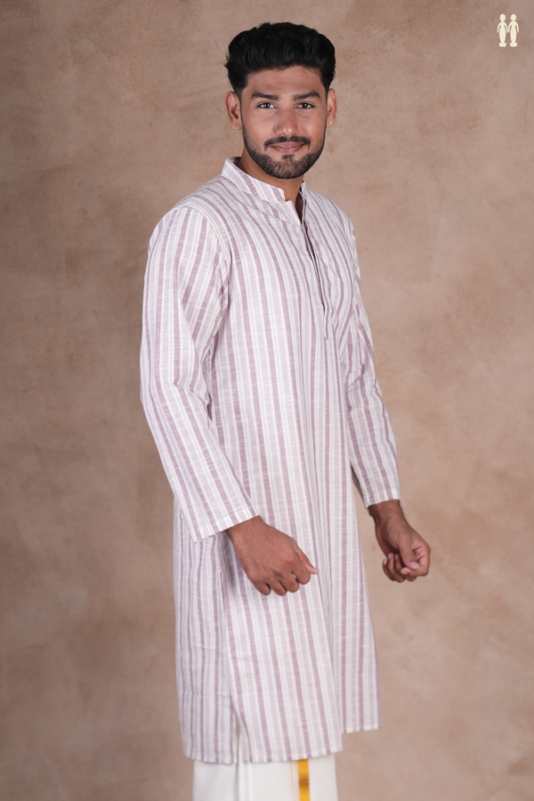 Chinese Collar Stripes Design White And Purple Long Kurta