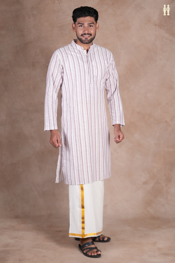 Chinese Collar Stripes Design White And Purple Long Kurta
