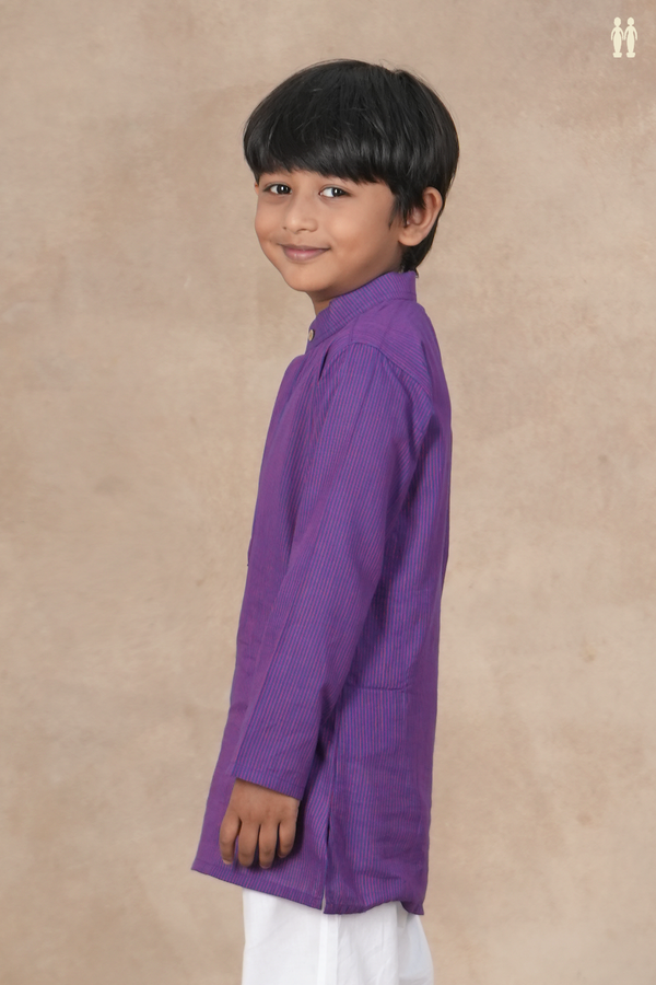 Chinese Collar Stripes Design Purple And Blue Cotton Long Kurta