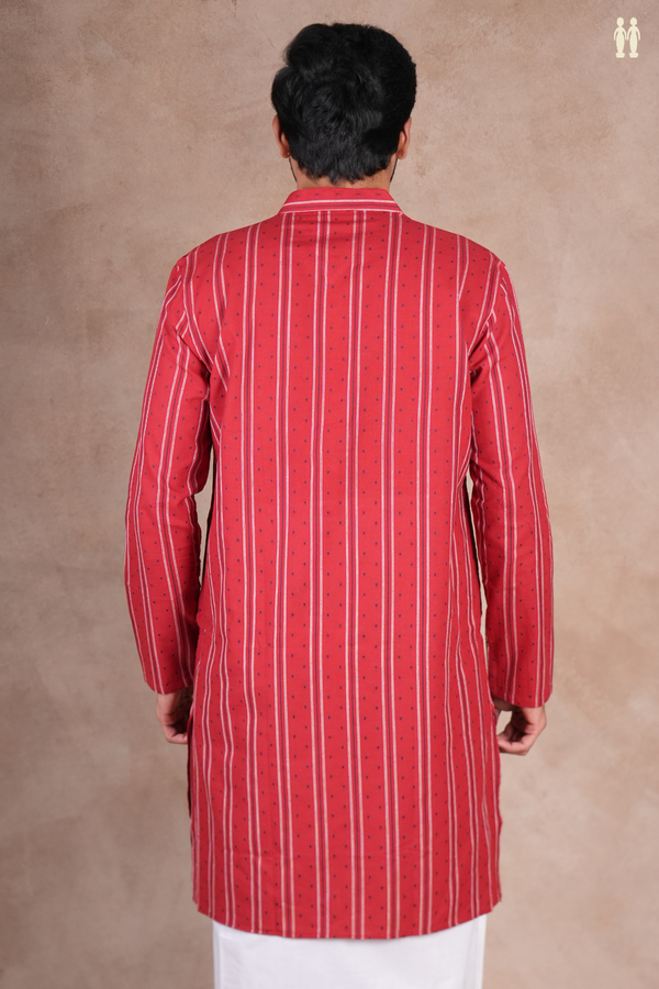 Chinese Collar Stripes Design Red Cotton Long Kurta
