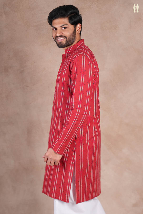 Chinese Collar Stripes Design Red Cotton Long Kurta