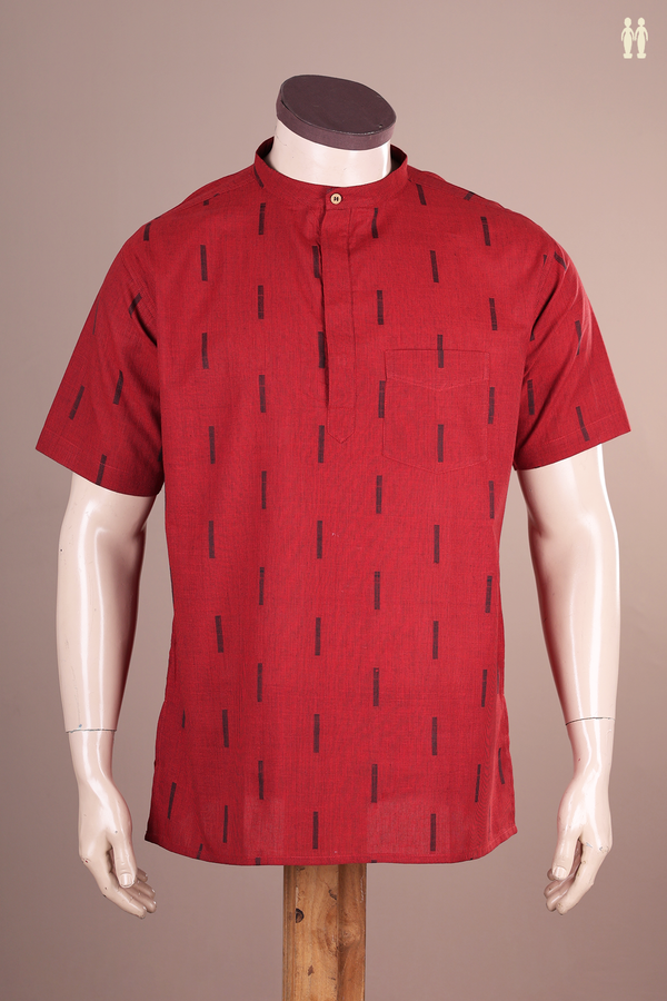 Chinese Collar Stripes Design Ruby Red Cotton Short Kurta