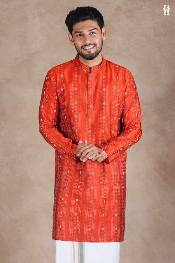 Chinese Collar Stripes Vermillion Red Raw Silk Long Kurta