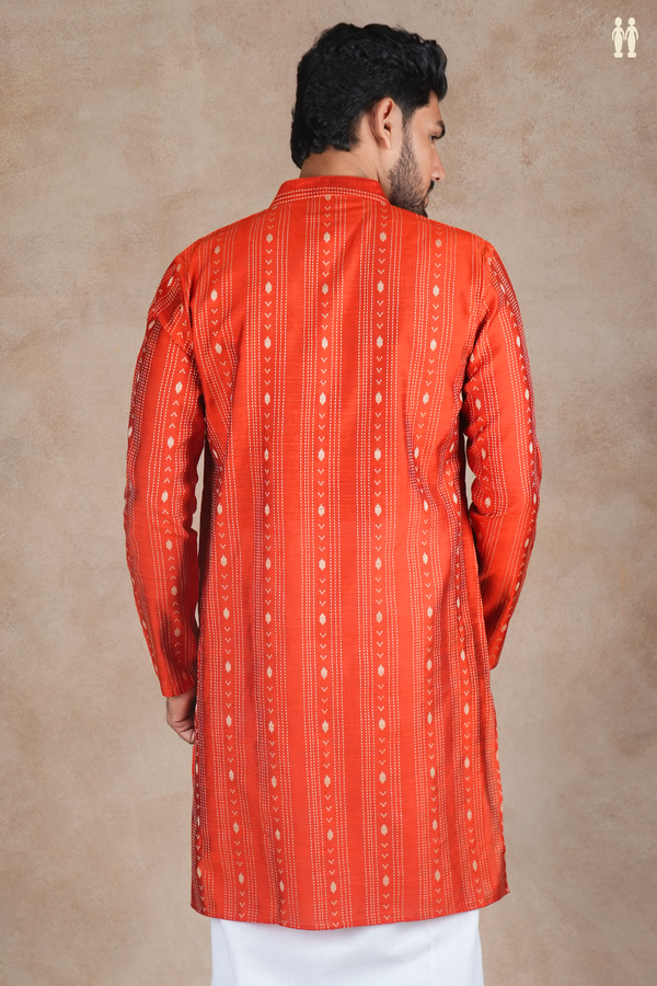 Chinese Collar Stripes Vermillion Red Raw Silk Long Kurta