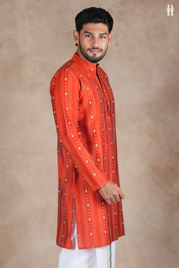 Chinese Collar Stripes Vermillion Red Raw Silk Long Kurta