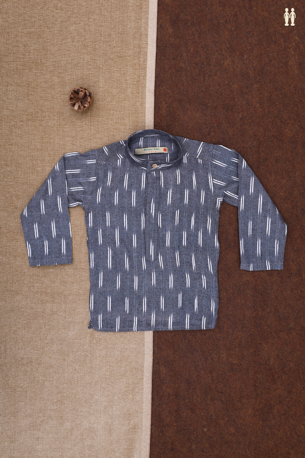 Chinese Collar Stripes Design Steel Grey Ikat Cotton Kurta