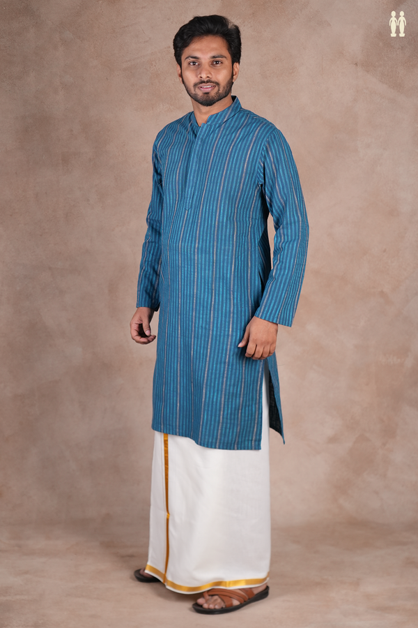 Chinese Collar Stripes Design Teal Blue Cotton Long Kurta