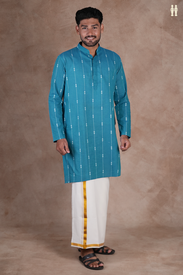 Chinese Collar Stripes Design Teal Blue Cotton Long Kurta