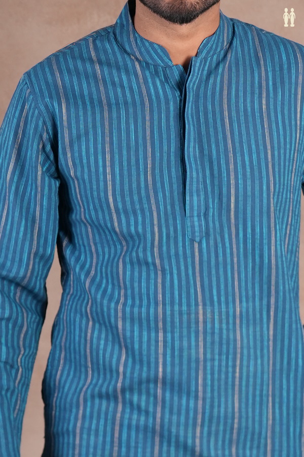 Chinese Collar Stripes Design Teal Blue Cotton Long Kurta