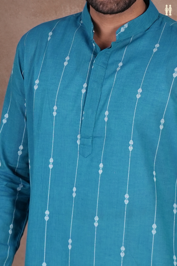Chinese Collar Stripes Design Teal Blue Cotton Long Kurta