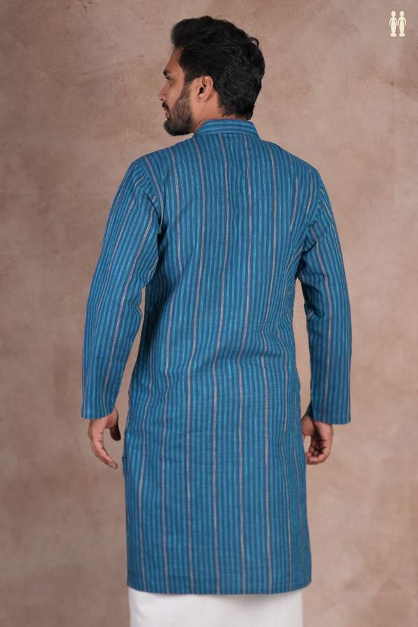Chinese Collar Stripes Design Teal Blue Cotton Long Kurta