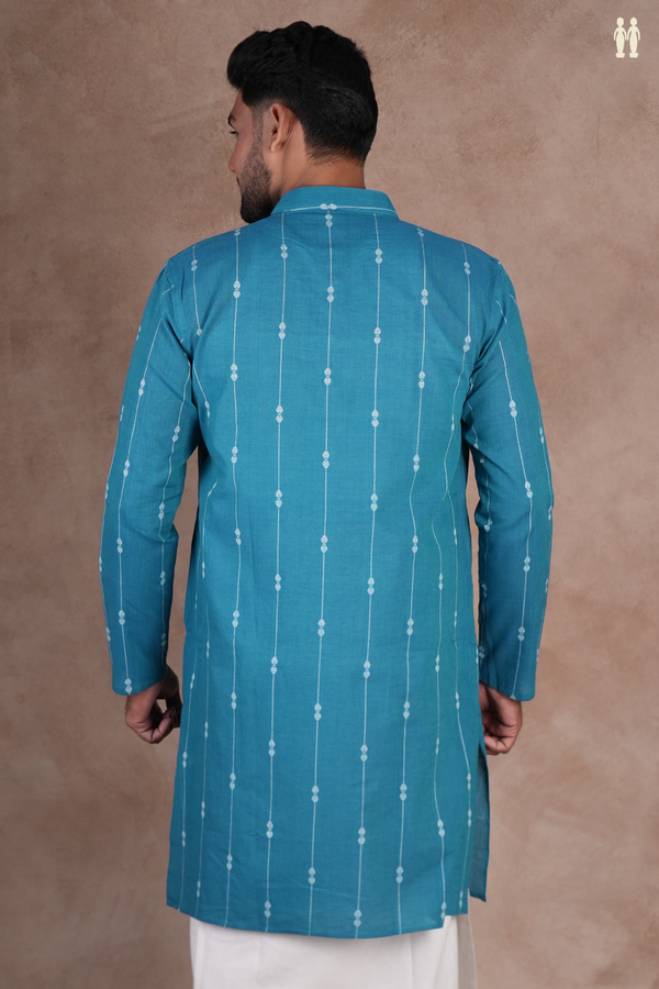 Chinese Collar Stripes Design Teal Blue Cotton Long Kurta