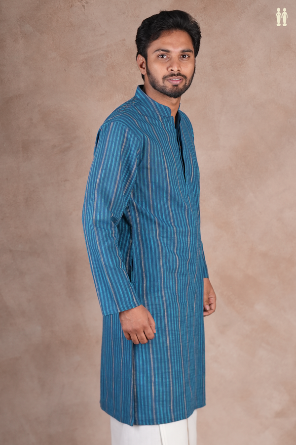 Chinese Collar Stripes Design Teal Blue Cotton Long Kurta