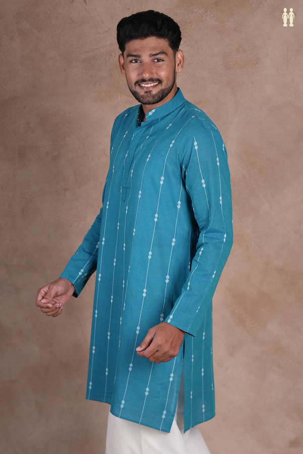 Chinese Collar Stripes Design Teal Blue Cotton Long Kurta